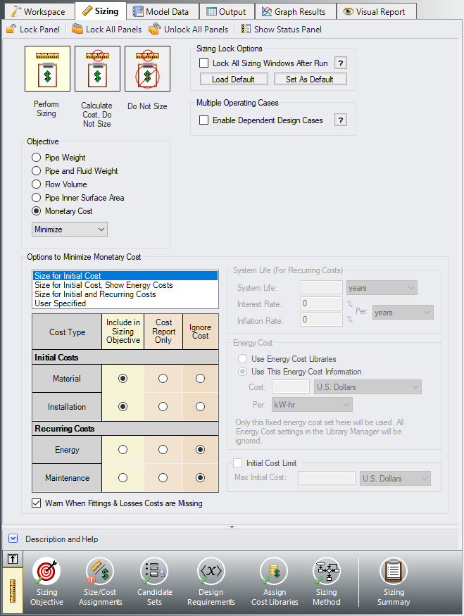 The Sizing Objective panel setup for an Initial Cost analysis.